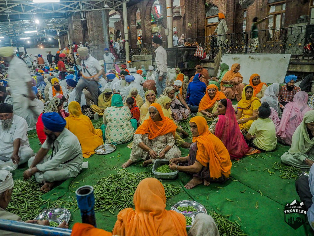 Volunteers peeling vegetables in the Golden Temple in India
