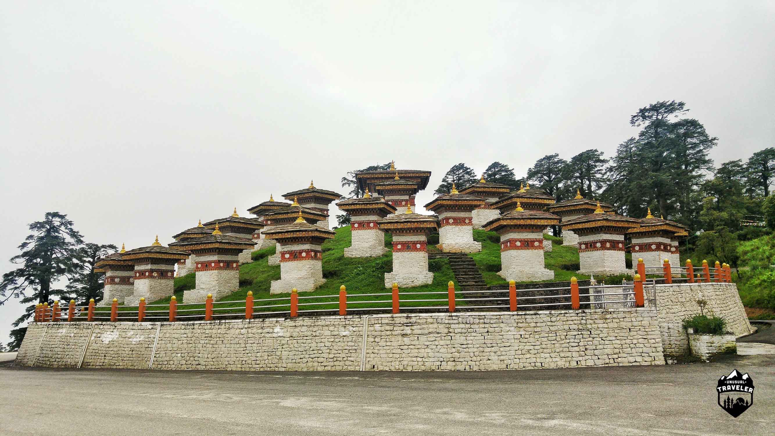 Some of the 108 stupas called chortens in English