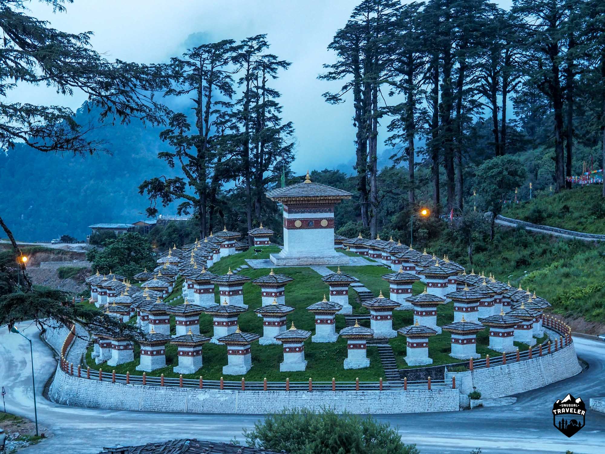 Dochula Pass just before sunset, on a cloudy day in Bhutan