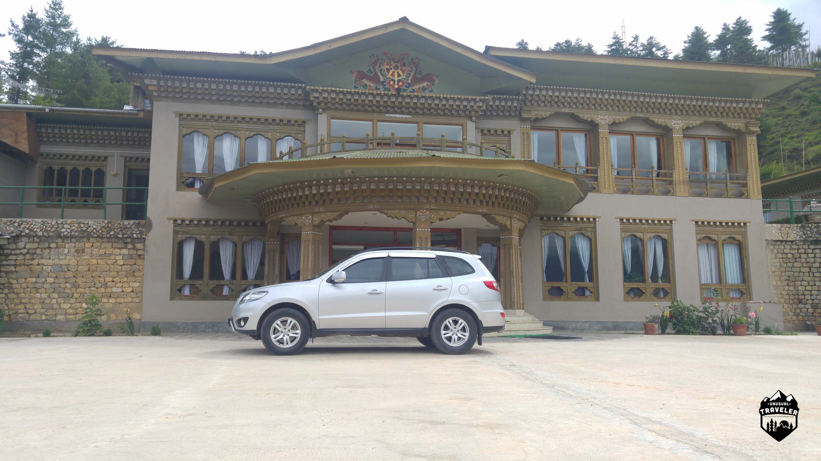 "My car" during my stay in front of my hotel in Paro (comes included with a guide)