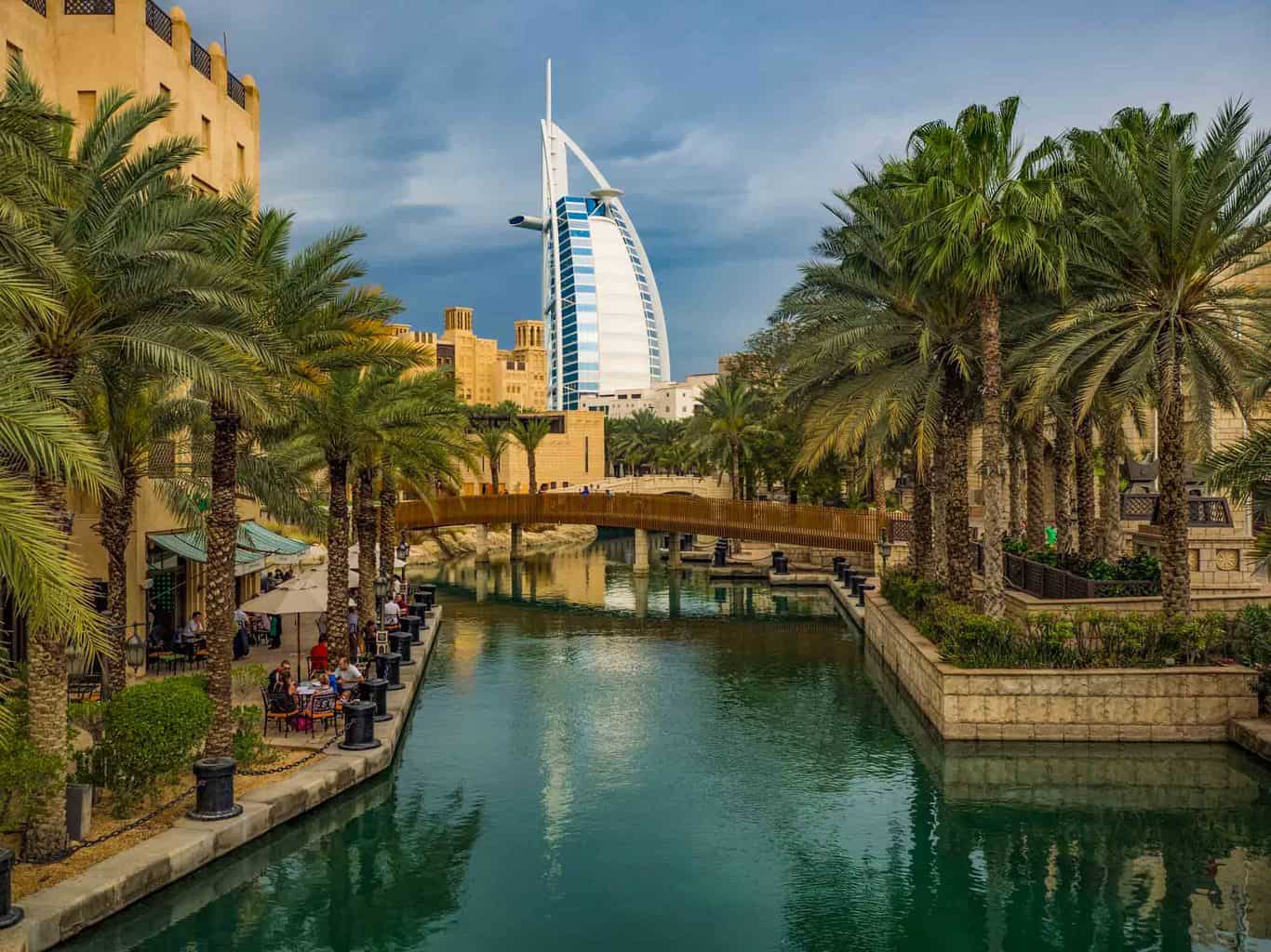 Madinat Jumeirah in Dubai with the famous Burj Al Arab hotel in the background travel guide