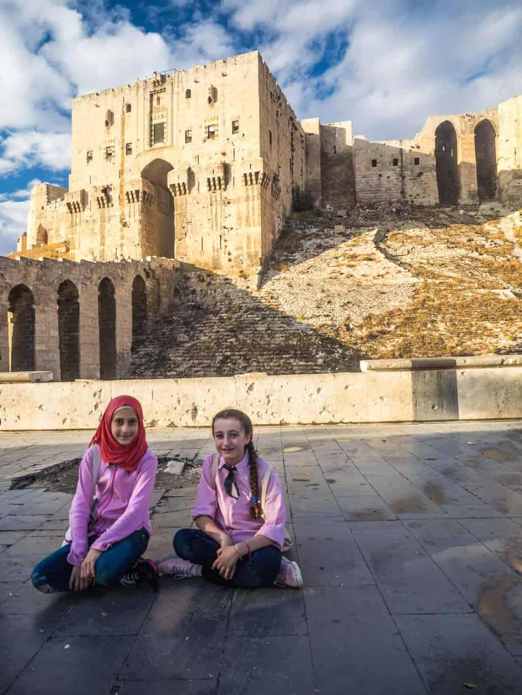 Aleppo citadel in 2017 young school kids