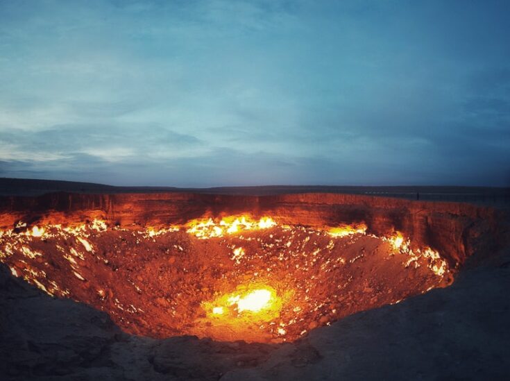 The Gate To Hell, just before sunset on a rainy day. turkmenistan