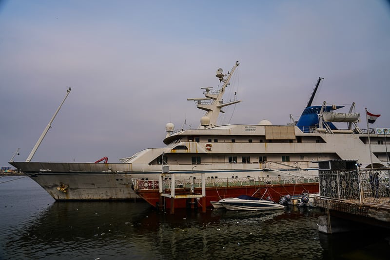 Saddam Husseins old yacht, the Ocean Breeze is anchored up by the shore of the Shatt al-Arab river and now used as a hotel for local sailors. in south Iraq