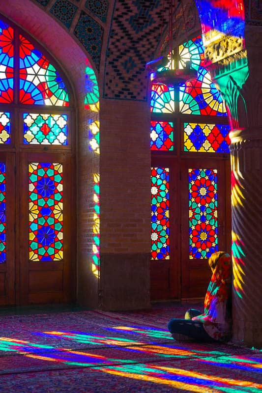 Inside the beautiful Nasir Al-Molk Mosque, also known as the Pink Mosque.