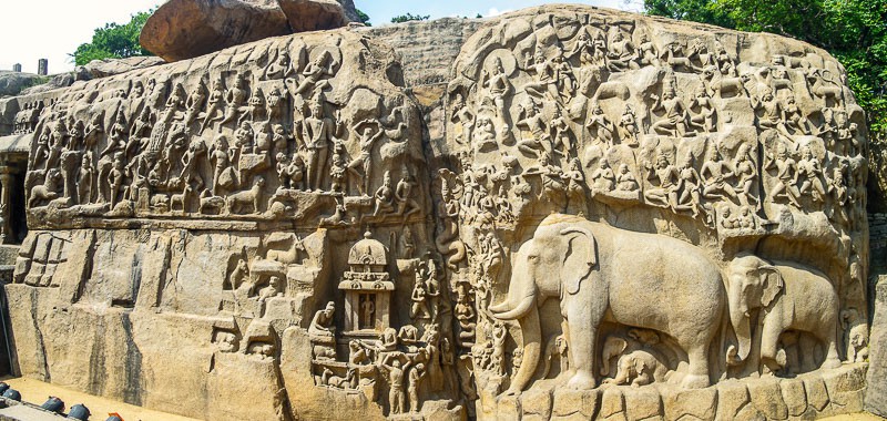 The Descent of the Ganges, also known as Arjuna's Penance, at Mamallapuram, is one of the largest rock reliefs in Asia and features in several Hindu scriptures in south india