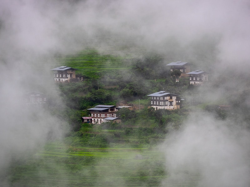 Bhutan small village hidden in the mist