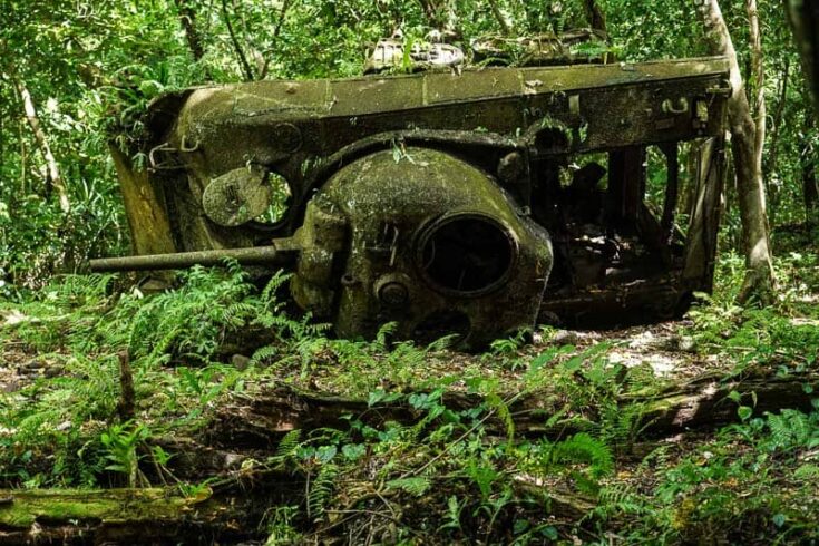 a knocked over American Sherman tank from WW2 on Peleliu