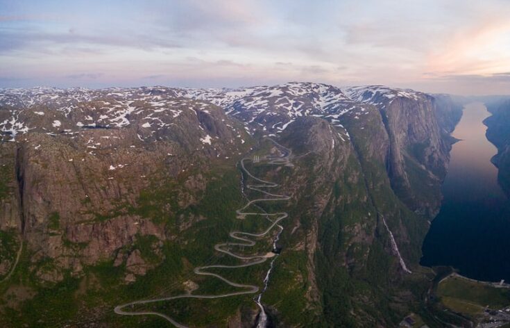 Lysevegen, one of Norway's steepest roads with 27 hairpin bends
